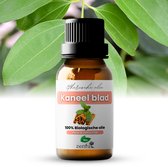 Bruine fles etherische olie met een etiket met de tekst "Kaneel blad".