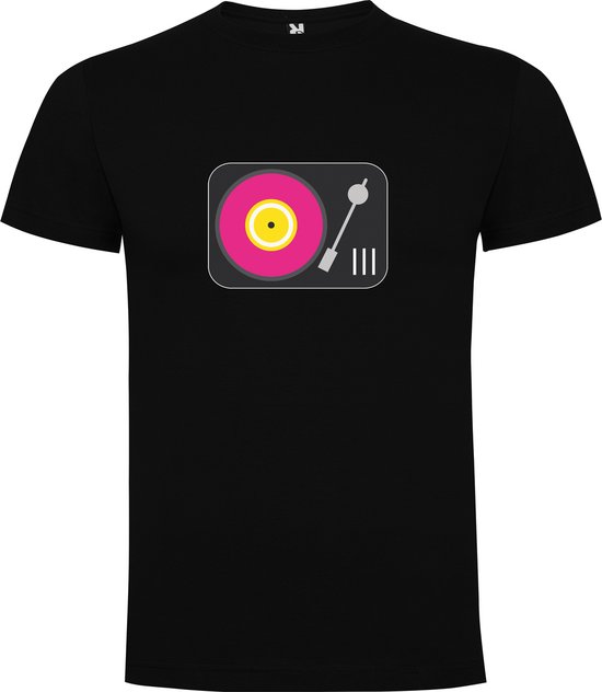 T-shirt Zwart avec imprimé « Tourne-disque coloré – Années 80 – Serré – Rétro – Souvenirs – Bonnes vibrations – Musique » en couleur, taille 4XL