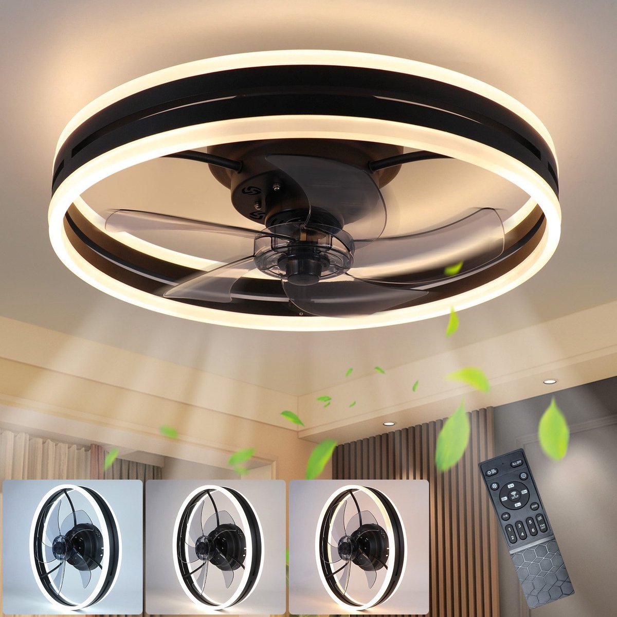 NETTLIFE Plafondventilator met verlichting - Zwart - Modern - 3000K -6500K dimbaar - LED 60W - Aluminium en acryl - 50CM - Ventilator met 6 snelheden - Timer met afstandsbediening - Woonkamerlamp - voor slaapkamer hal