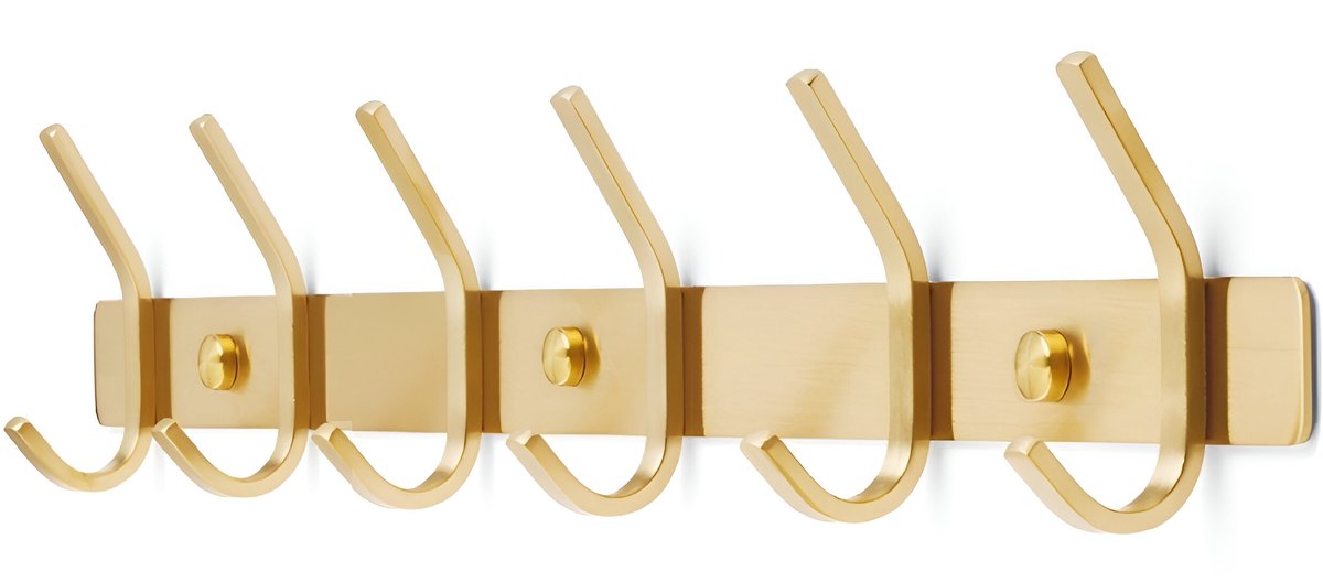 TOJ 12 Haaks Wandkapstok – 46cm - Muur / Wand Kapstok - Hangende Design Muurkapstok - Handdoekrek - RVS - Goud