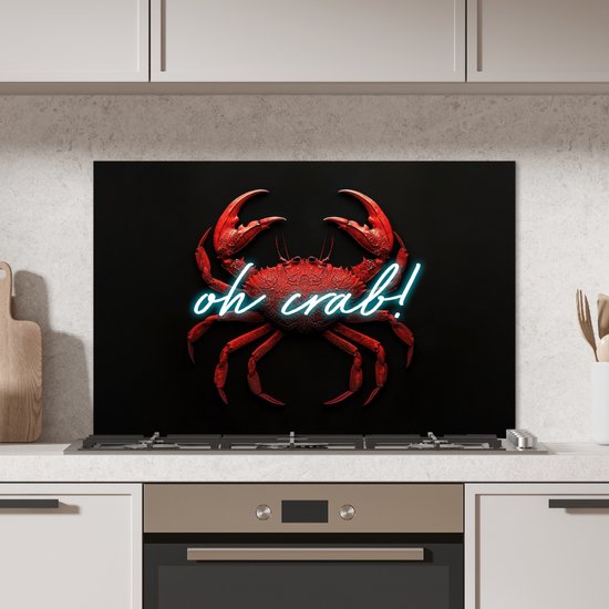 Crédence de Cuisinière en Aluminium 80x55 cm - Crabe - Rouge - Néon - Citation - Écran Pare-éclaboussures pour Plaque de Cuisson - Protection Murale