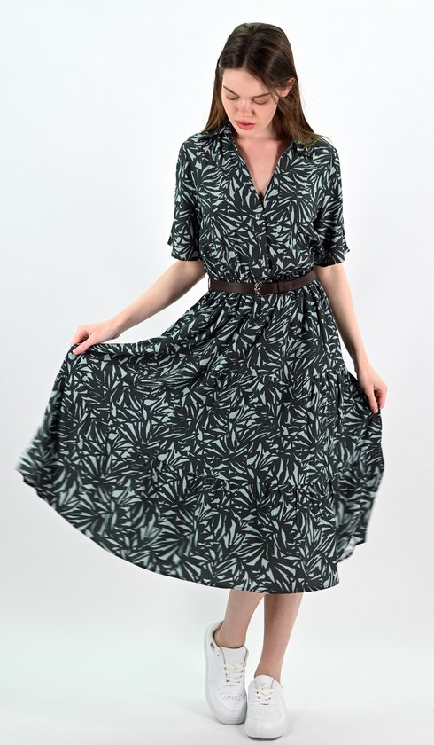 YesMooi - Robe chemisier mi-longue à imprimé feuilles et ceinture - XL (42) - Vert foncé