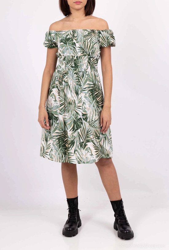 Dames jurk Dieke-bladerenmotief-groen wit beige-Maat S-strandjurk
