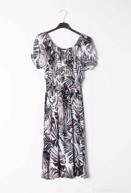 Dames jurk Dieke-bladerenmotief-zwart wit grijs blauw-Maat M/L-strandjurk