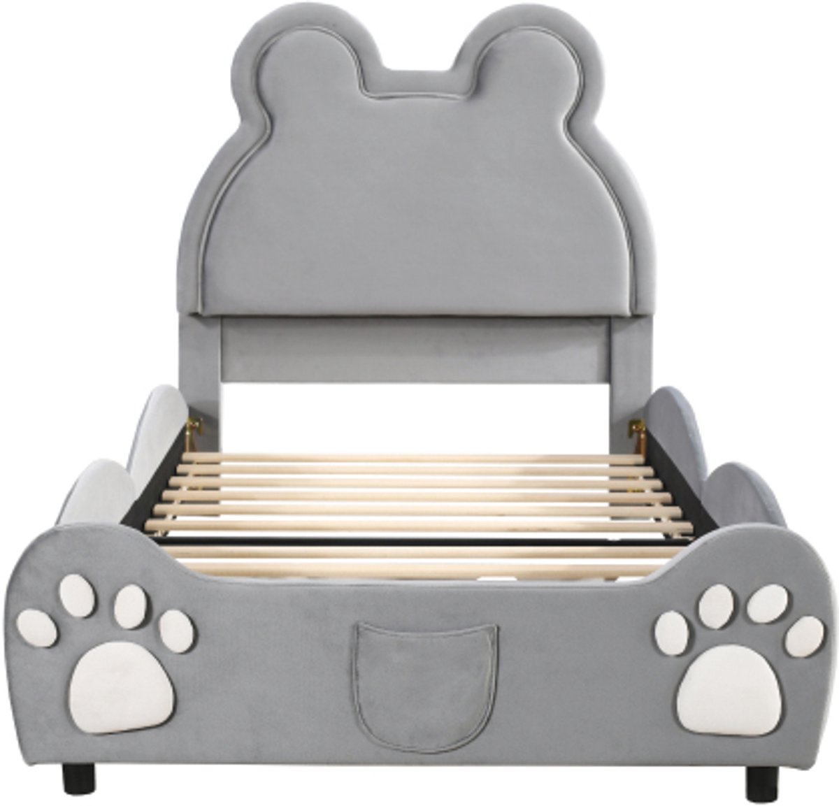 Gotagee Gestoffeerd kinderbed, 90 x 200 cm, beervorm. Eenpersoonsbed van fluweel, grijs