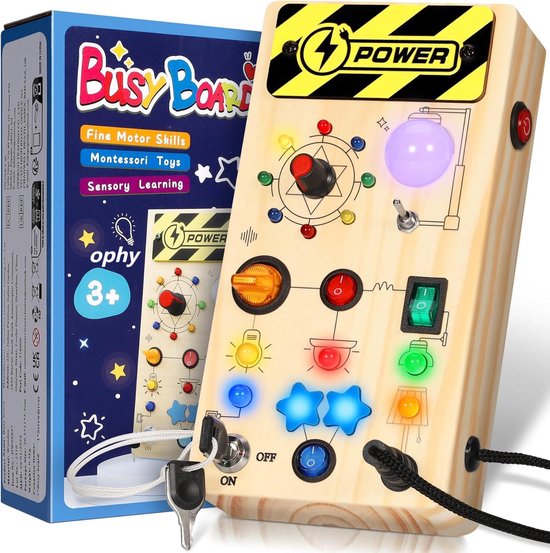 Montessori Busy Board Activity Board vanaf 1 jaar, Montessori houten speelgoed met 8 schakelaars, 15 led-lichtschakelaars, sensorisch educatief speelgoed voor kleine kinderen, cadeau voor jongens en