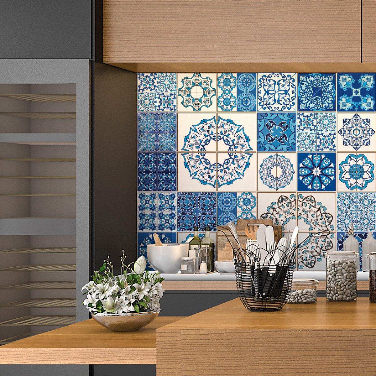 Ambiance Sticker Zelfklevende tegelmuurstickers voor keuken en badkamer - 30 cementtegelstickers, Venetiaanse Azulejos-stijl - 30 stickers, 15x15 cm Multi color