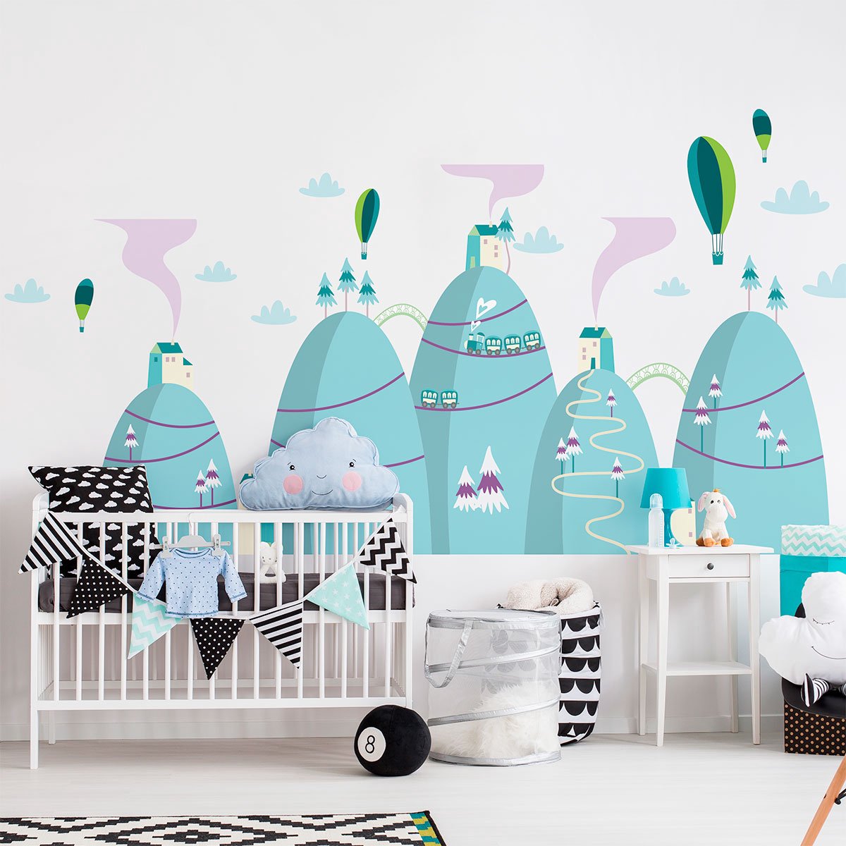 Ambiance Sticker Scandinavische bergstickers met heteluchtballonoplating, 80 x 120 cm Multi color