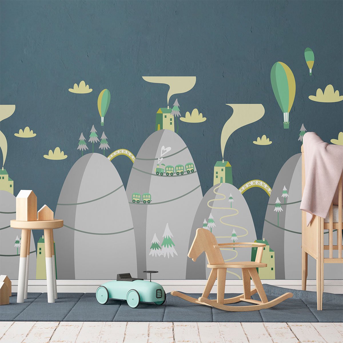 Ambiance Sticker Scandinavische bergstickers met heteluchtballonnen in wedstrijd, 60 x 90 cm Multi color