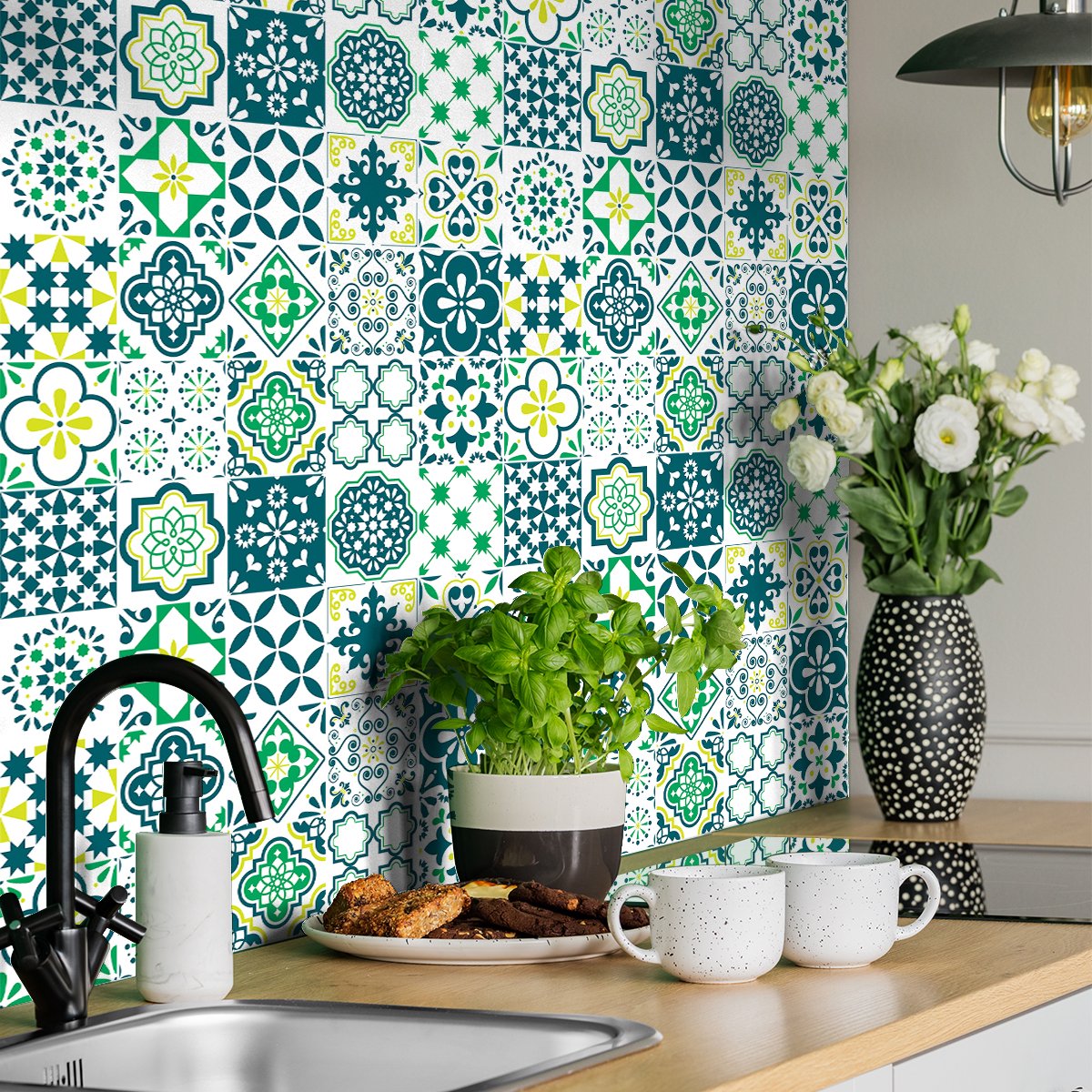Ambiance Sticker Zelfklevende muurstickers in de vorm van tegels voor keuken en badkamer - 24 Azulejos Catina cementtegelstickers - 24 stickers, 20x20cm Multi color