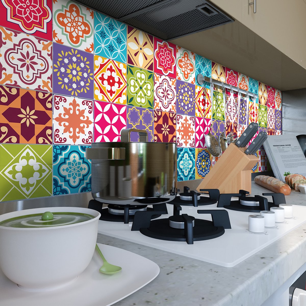 Ambiance Sticker Tegelstickers voor de muur in keuken en badkamer - 24 Bastian Azulejos cementtegelstickers - 24 stickers, 15x15cm Multi color