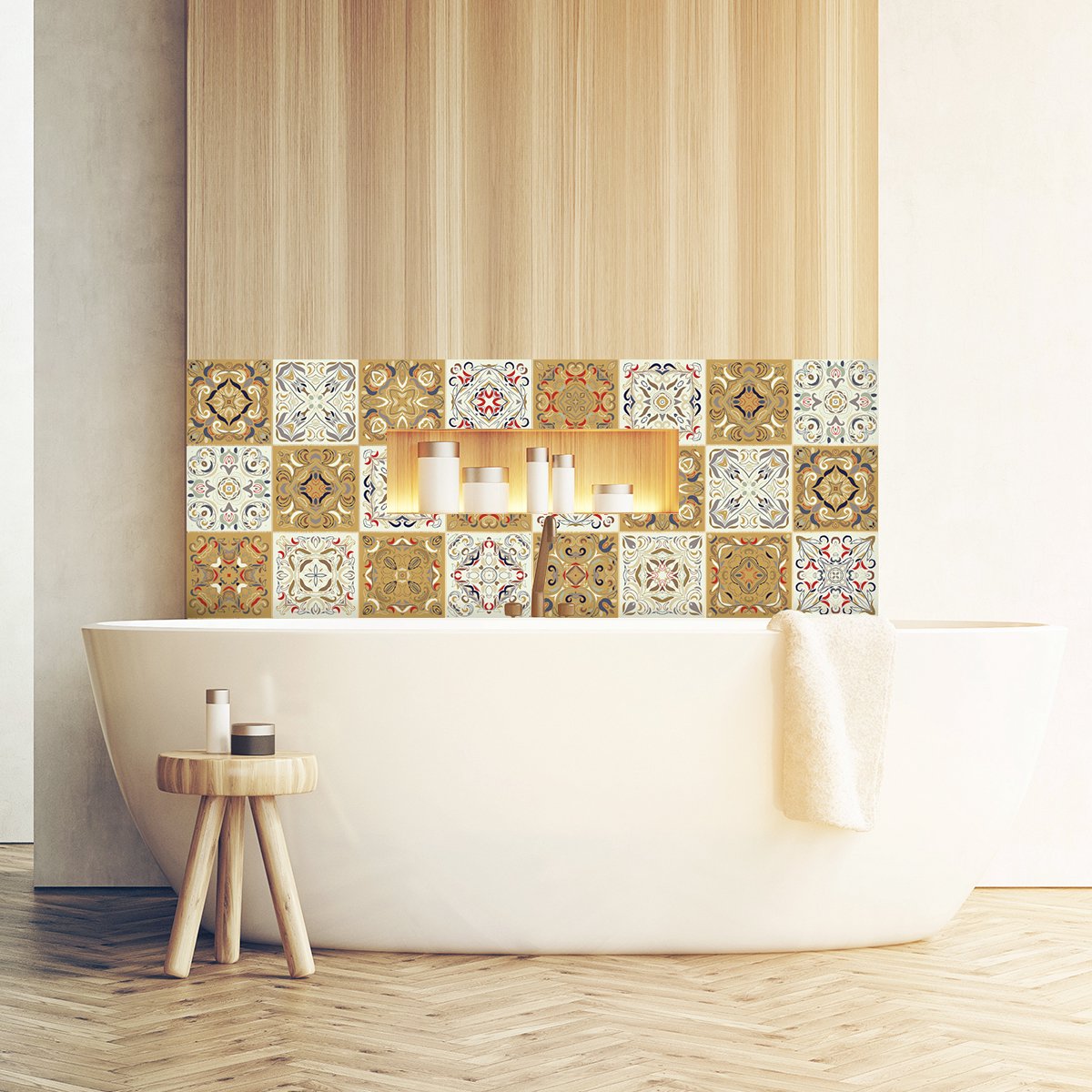 Ambiance Sticker Zelfklevende tegelmuurstickers voor keuken en badkamer - 24 cementtegelstickers, Azulejos Bonifacio - 24 stickers, 15x15cm Multi color