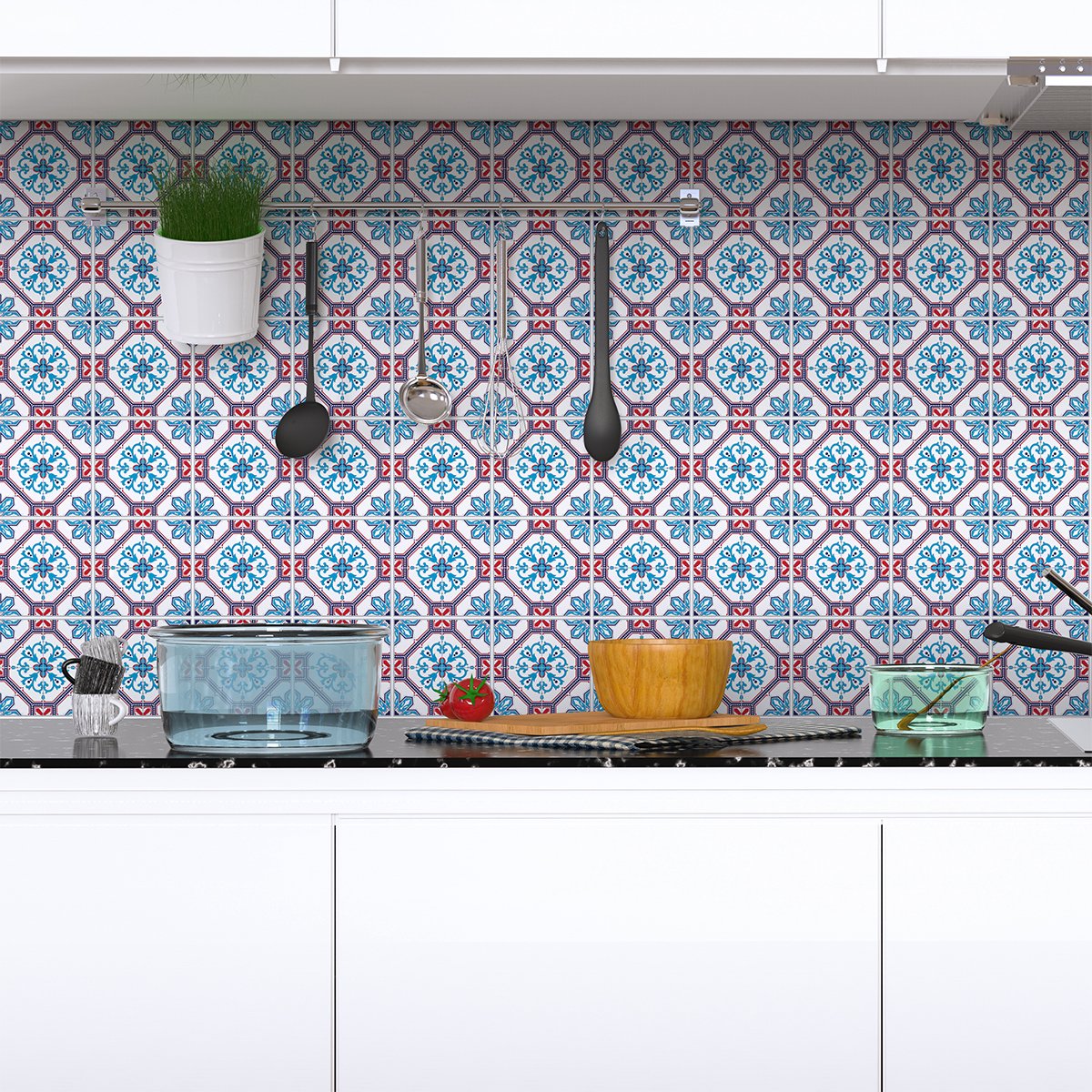 Ambiance Sticker Zelfklevende tegelmuurstickers voor keuken en badkamer - 60 cementtegelstickers, Azulejos Aletha - 60 stickers, 10x10cm Multi color