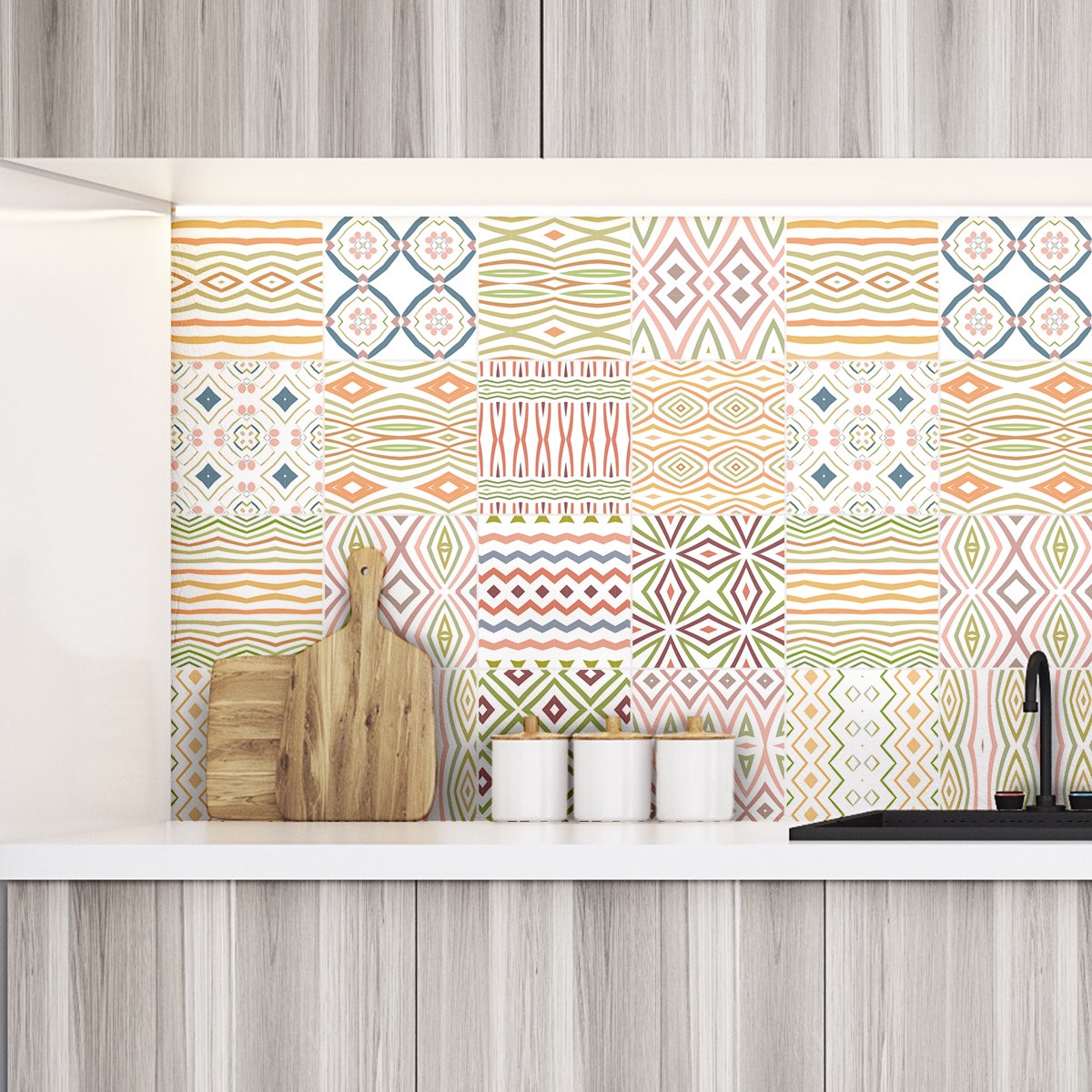 Ambiance Sticker Zelfklevende muurtegelstickers voor keuken en badkamer - 24 etnische cementtegelstickers MATSUMOTO - 24 stickers 20x20cm Multi color