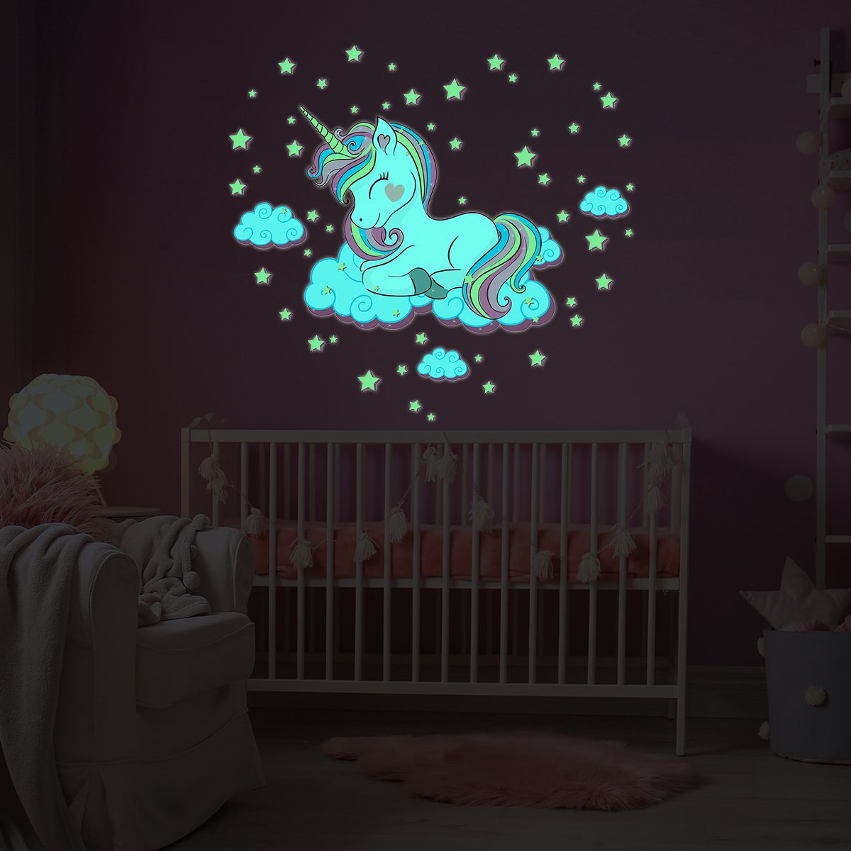 Lichtgevende sticker - EENHOORN IN DE WOLKEN - Fluorescerende muur-/plafondsticker voor kinderen - 100x115cm