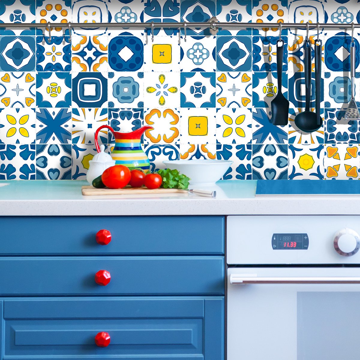 Zelfklevende tegelmuurstickers voor keuken en badkamer - 9 cementtegelstickers (AZULEJOS A