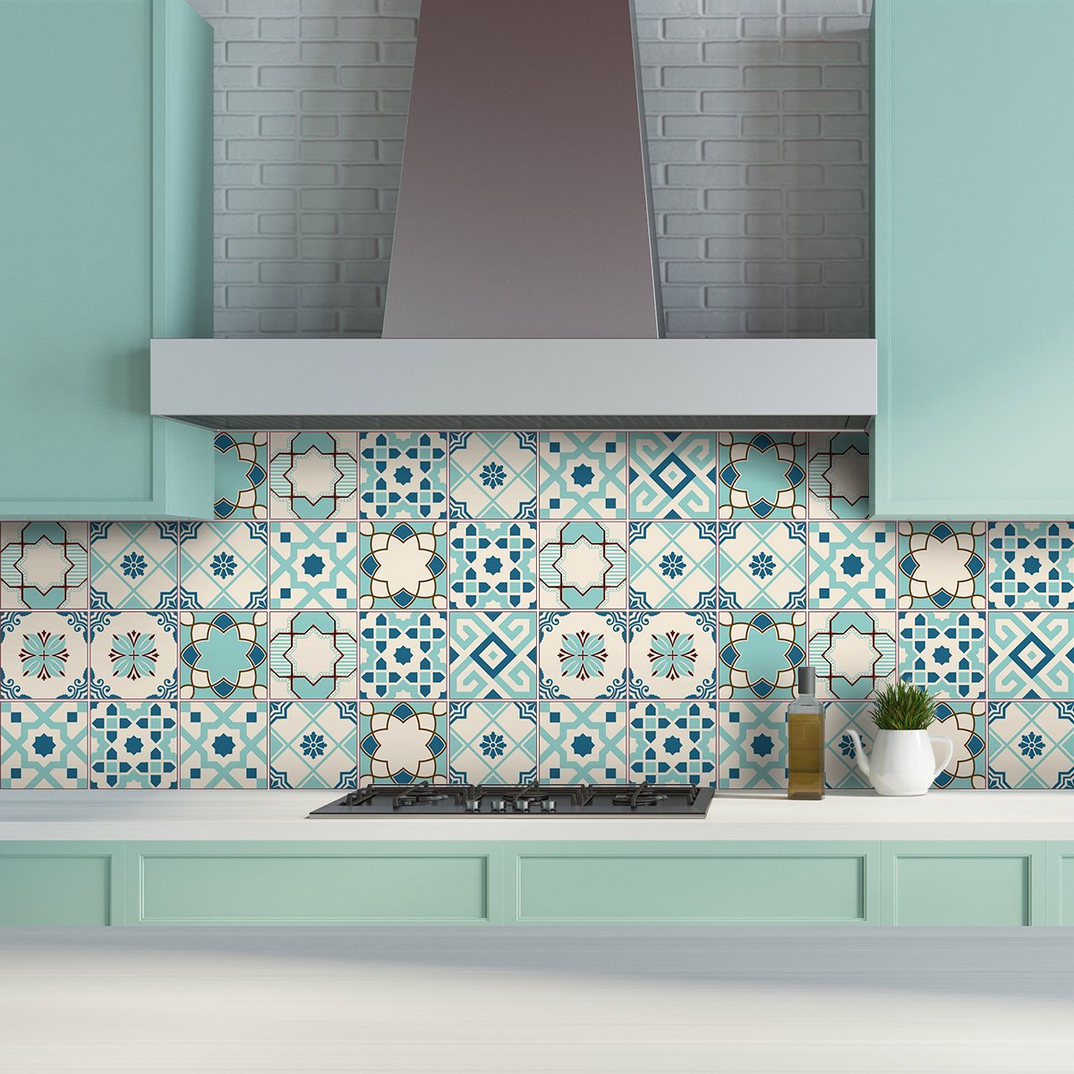 Ambiance Sticker Zelfklevende tegelmuurstickers voor keuken en badkamer - 9 cementtegelstickers, Azulejos Leria-stijl - 9 stickers, 10x10 cm Multi color