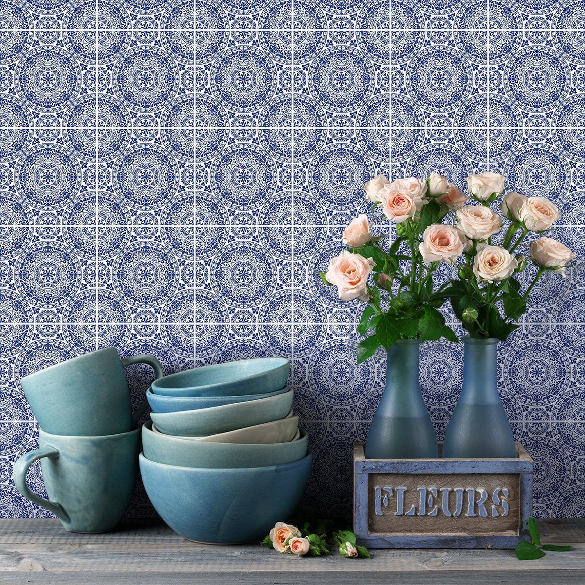 Ambiance Sticker Zelfklevende tegelmuurstickers voor keuken en badkamer - 9 cementtegelstickers, Azulejos Mina-stijl - 9 stickers, 10x10 cm Multi color