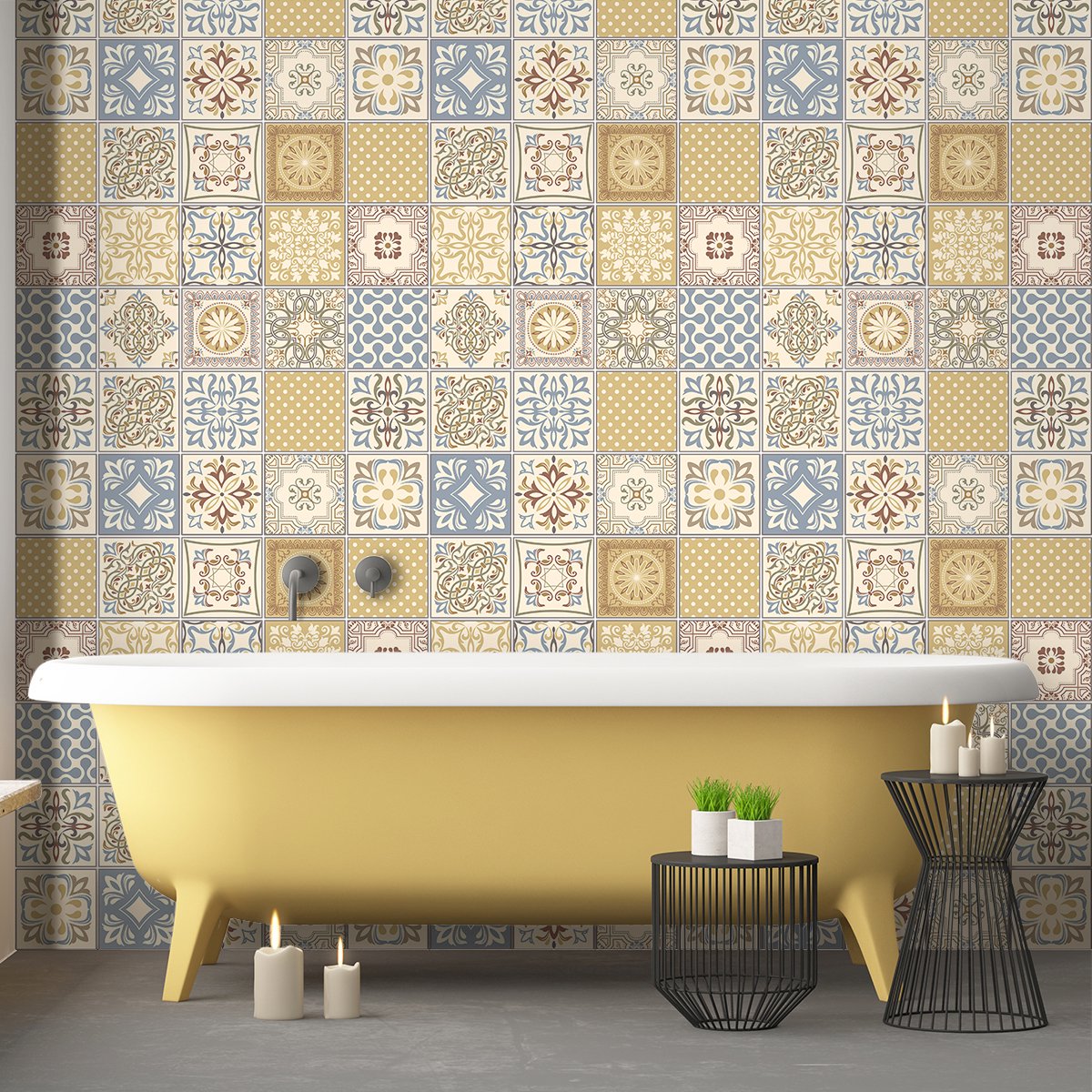 Ambiance Sticker Zelfklevende tegelmuurstickers voor keuken en badkamer - 60 cementtegelstickers, Azulejos Amaya-stijl - 60 stickers, 20x20 cm Multi color