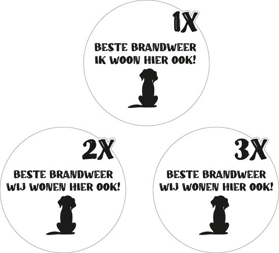 Raamstickers - Huisdier - Brandweer - Stickers brandweer wij wonen hier ook - Sticker hier zijn honden aanwezig - Red mijn huisdier - 1 Hond - 2 Honden - 3 Honden - 8,5 x 8,5 cm - wit - zwart