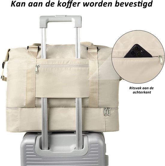 Sac de voyage TAN.TOMI - Sac de sport pour femme et homme - 46 x 23 x 32 cm - Avec housse Smart pour valise - Sac à Bagage à main - Avec compartiment à chaussures et bandoulière amovible - Beige