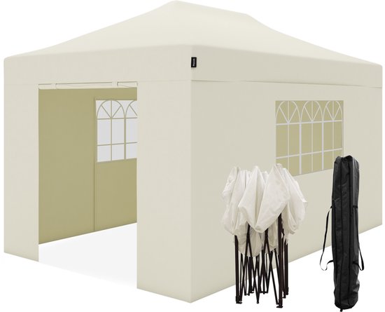 LifeGoods Partytent - Paviljoen - 3x4.5 m - Zijwanden - Easy Up - Opvouwbaar - Waterdicht - Draagtas met Wieltjes - Beige