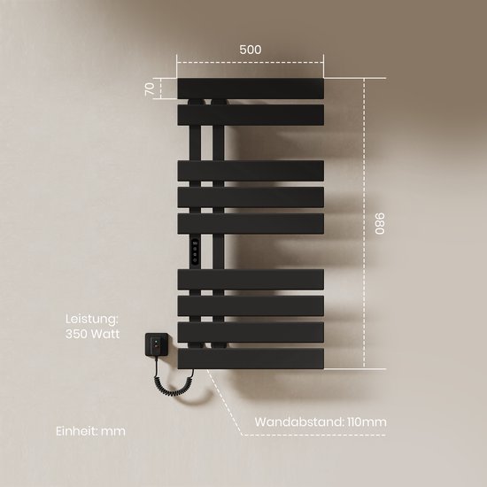Afmetingen van de zwarte handdoekradiator: 500mm breed, 980mm hoog, 70mm diep, 110mm wandafstand. Vermogen 350 Watt.