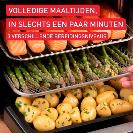 Tefal Easy Fry Multifunction met zalm, asperges en aardappelen op 3 bereidingsniveaus.