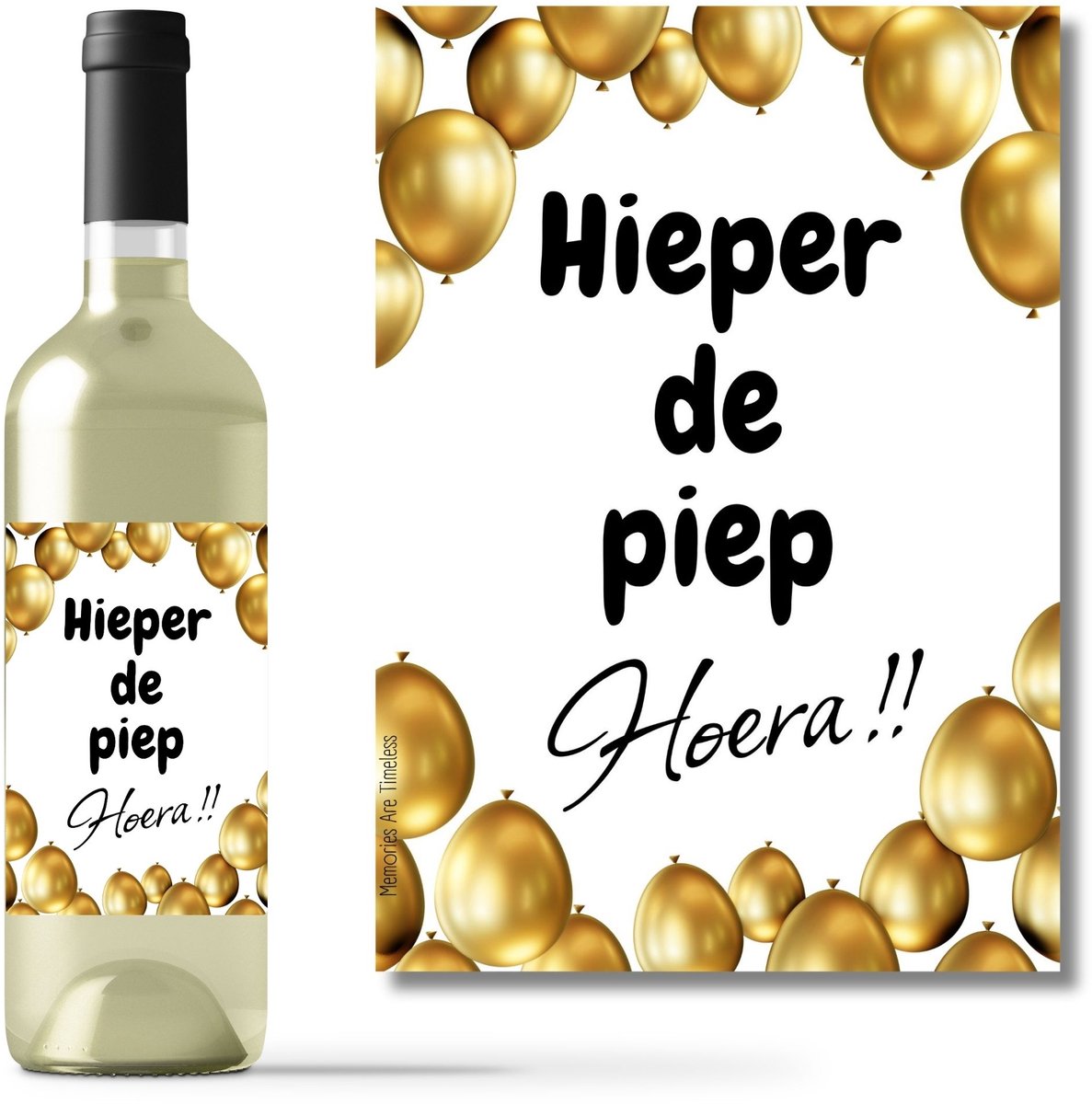 Luxe Wijnetiket "Hieperdepiep Hoera" met Gouden Ballonnen – Feestelijk Cadeau voor Elke Gelegenheid - Wijnlabel Flesetiket