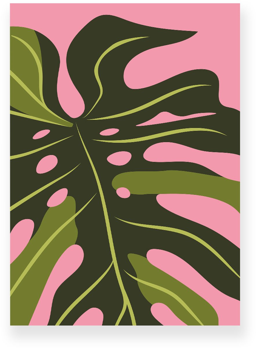 Yisual Poster 50x70 cm - Monstera Bladeren - Planten - Roze - Groen - Minimalistisch - Botanisch - Muurdecoratie - Wanddecoratie