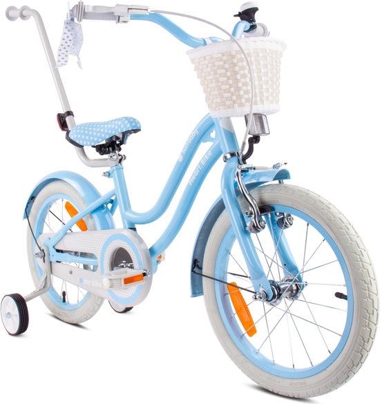 Flower Bike Fiets Voor Een Meisje Van 4 Tot 6 Jaar, 16 Inch Baby Blue Met Fietsbel Zijwieltjes Duwstang En Stuurmandje 216168