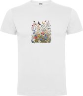 Wit T-Shirt met “Kleurrijke bloemen en vlinders - Voorjaar“ Print Full Color Maat 2XL