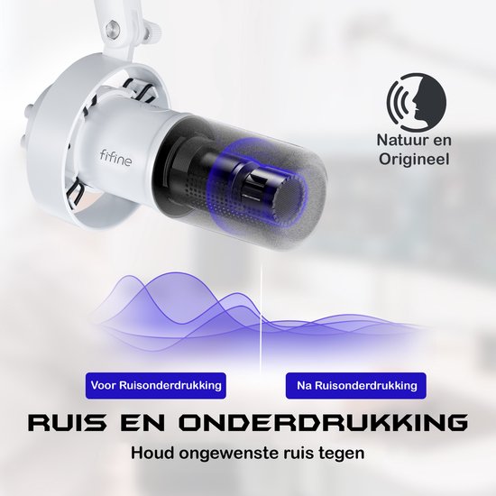 Transparante weergave van de binnenkant van een witte microfoon met zwarte windkap, die geluidsgolven weergeeft.