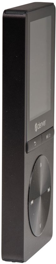Zijaanzicht van de zwarte Denver MP3/MP4 speler met een zijdeglans afwerking.