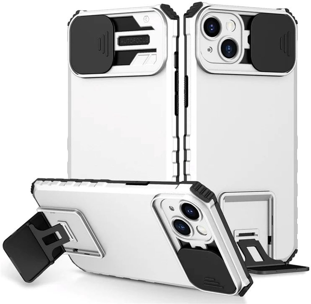Cityhoesje - iPhone 15 Plus- Slide Camera Lid – BackCover - Anti-drop Kickstand - Wit