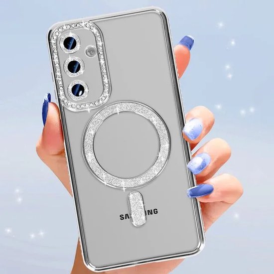 Coque avec diamants et Glitter Convient pour : Samsung Galaxy A26 - Coque MagSafe Glitter - Argent avec pierres de diamant - Glamour Case