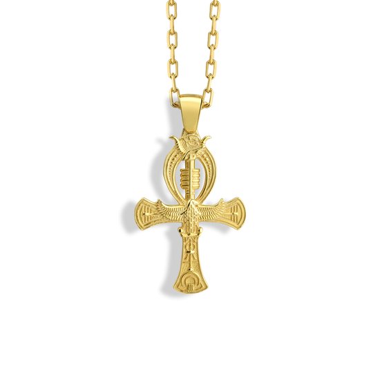 Eye of Horus bovenop Ankh halsketting voor mythologie liefhebber Gold Polished 26 inches