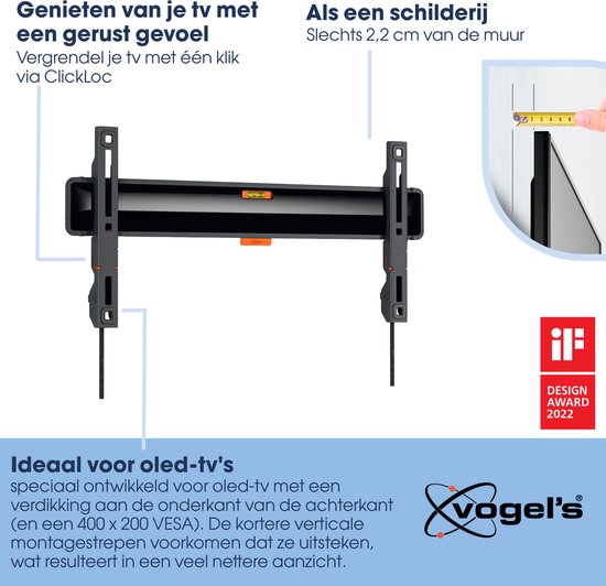 Een tv-beugel met waterpas en meetlint. Geschikt voor OLED-tv's.