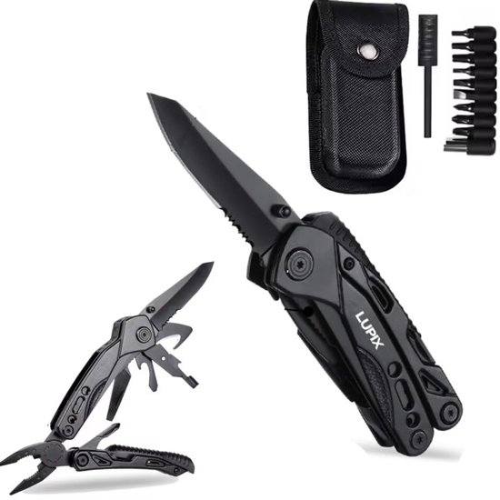 LUPIX® 15-in-1 Multifunctioneel Zakmes - Incl. Draagetui en 9-delige Bitset - Incl. Noodfluit en Firestarter - Survival mes - Multitool - Jachtmes - Outdoor - Camping - Kamperen