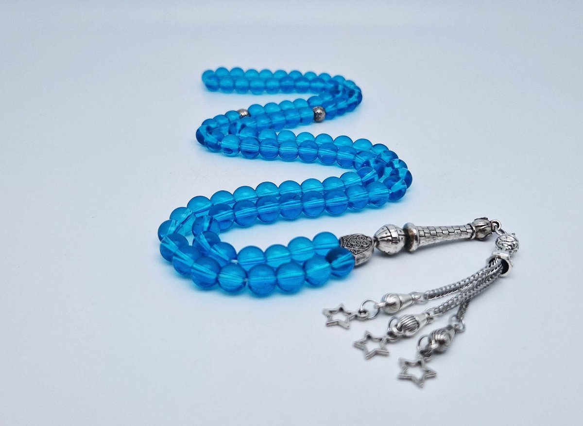 Handgemaakte tesbih "Tasbih" natuursteen " Blauwe kwarts " - Aantal kralen 99 - Diameter kralen 8MM - met metaal tassel "Kleine sterren" - Een mooi cadeau-idee