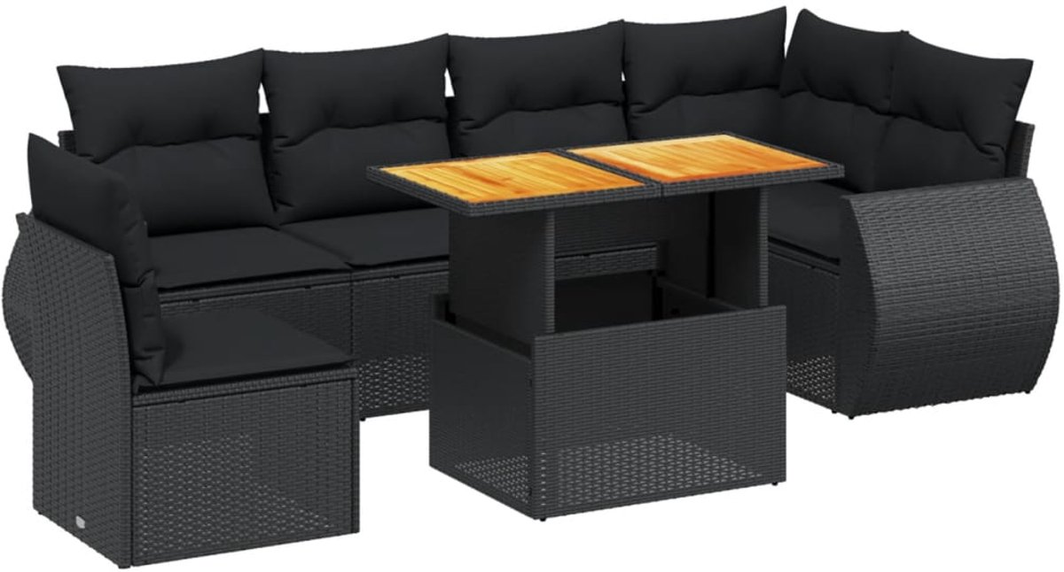 Zwart poly rattan loungeset met kussens voor buiten - The Living Store.