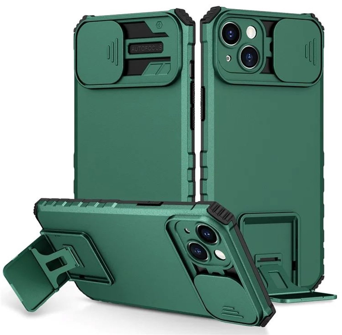 Cityhoesje - iPhone 15 Plus- Slide Camera Lid – BackCover - Anti-drop Kickstand - Groen