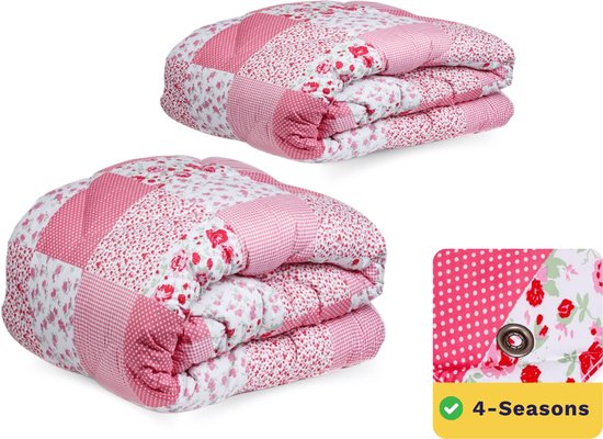 Zelesta Wonderbed 4 Seizoenen Patchwork Pink - 140x200cm - Dekbed voor het hele jaar - 30 dagen proefslapen - Bedrukt dekbed - Wasbaar dekbed zonder overtrek - Tweedelig met Drukknopen