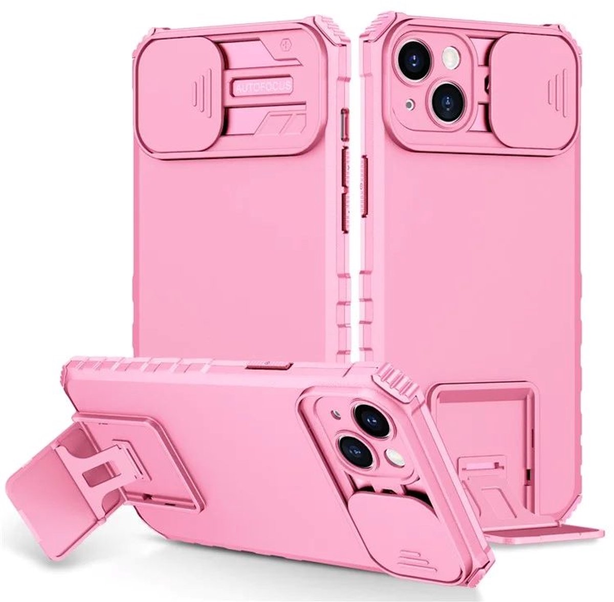 Cityhoesje - iPhone 15 Plus- Slide Camera Lid – BackCover - Anti-drop Kickstand - Roze