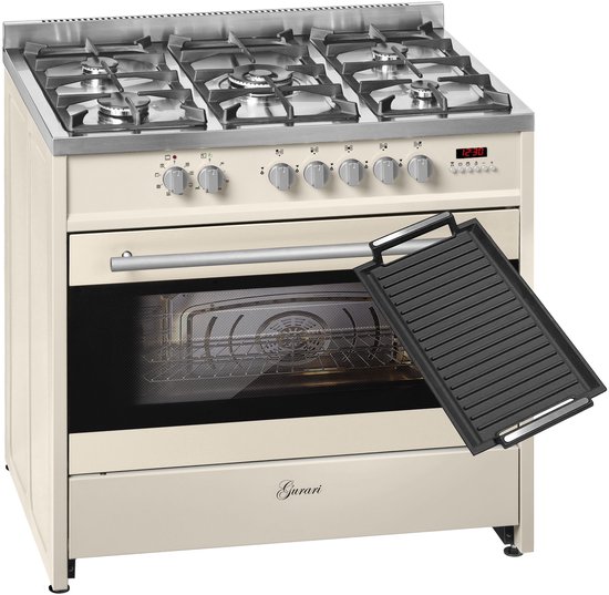 GURARI - gasfornuis - GCH E 911 Cr + grillplaat - elektrisch gasfornuis- 90 cm - Range Coocker - 121L - 8 functies -hete lucht - grill - 5 krachtige branders - 4 kw WOK - natuurgas…
