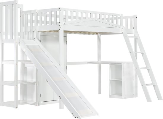 Lit mezzanine Sweiko - 90x200 cm - avec table + armoire + toboggan - Pin + MDF - Wit