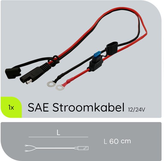 SAE Stroomkabel met rode en zwarte draden, 12/24V, 60 cm lang, met SAE connector en kabelschoen ringen.