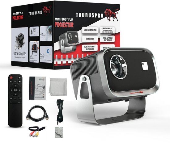 TAURUSPRO® Mini Beamer & Projector – Full HD 1080p – 4K Ondersteuning – Android 11.0 – Draagbare Beamer voor iOS & Android – WiFi 6 & Bluetooth 5.2 – Inclusief HDMI & Afstandsbediening – Home Cinema