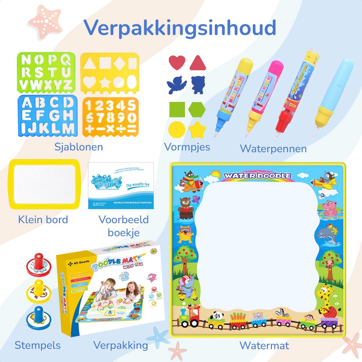 Water Tekenmat met 18 Accessoires - Met 4 Waterpennen - Speelgoed 2 Jaar - Speelgoed 3 Jaar - Speelgoed 4 Jaar - Speelgoed 5 Jaar - Montessori Speelgoed - Educatief Speelgoed - Jongens Speelgoed - Meisjes Speelgoed - Kinderspeelgoed — afbeelding 8
