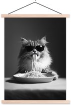 Posterhanger incl. Poster 60x80 cm - Schoolplaat - Langharige kat - Zonnebril - Spaghetti - Humor - Zwart - wit - Textielposter - Blanke latten